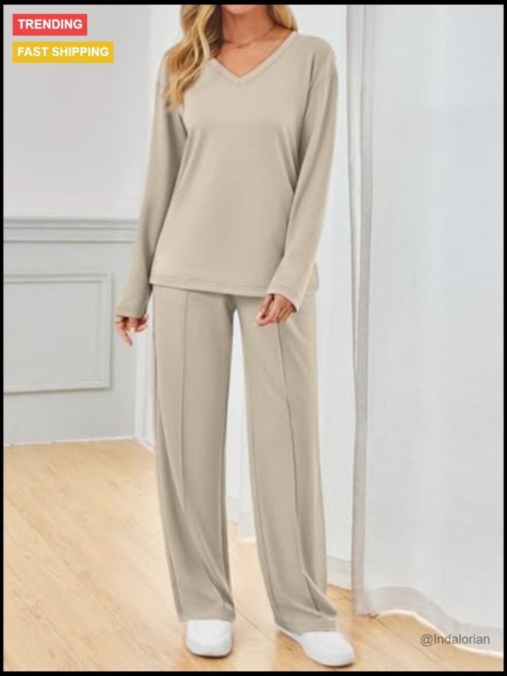 Long Sleeve V-Neck Tracksuit Set with Wide Leg Pants, 60% Polyester 35% Rayon - Picture 3 of 6